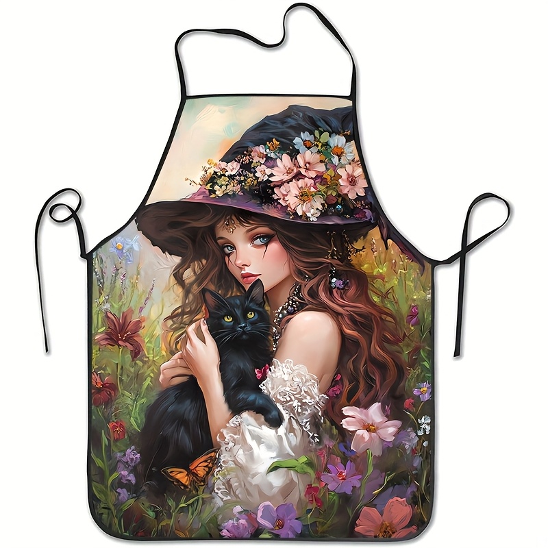 Kitchen Witch Baking - مئزر مطبوع بتصميم قطة سوداء ساحرة